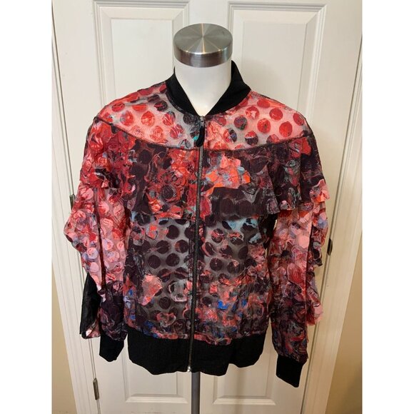 Fuzzi Red Black Sheer Mesh Rose Print Zip-Up Jacket, Size Small